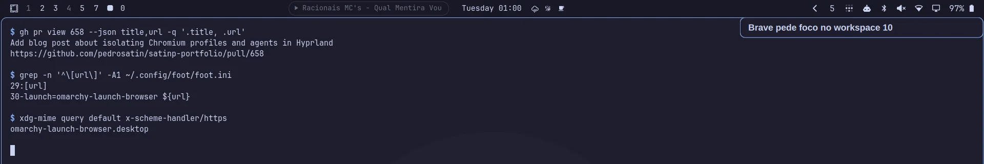 Notificação "Brave pede foco no workspace 10" no canto da tela, com o foco ainda no terminal do workspace 9.