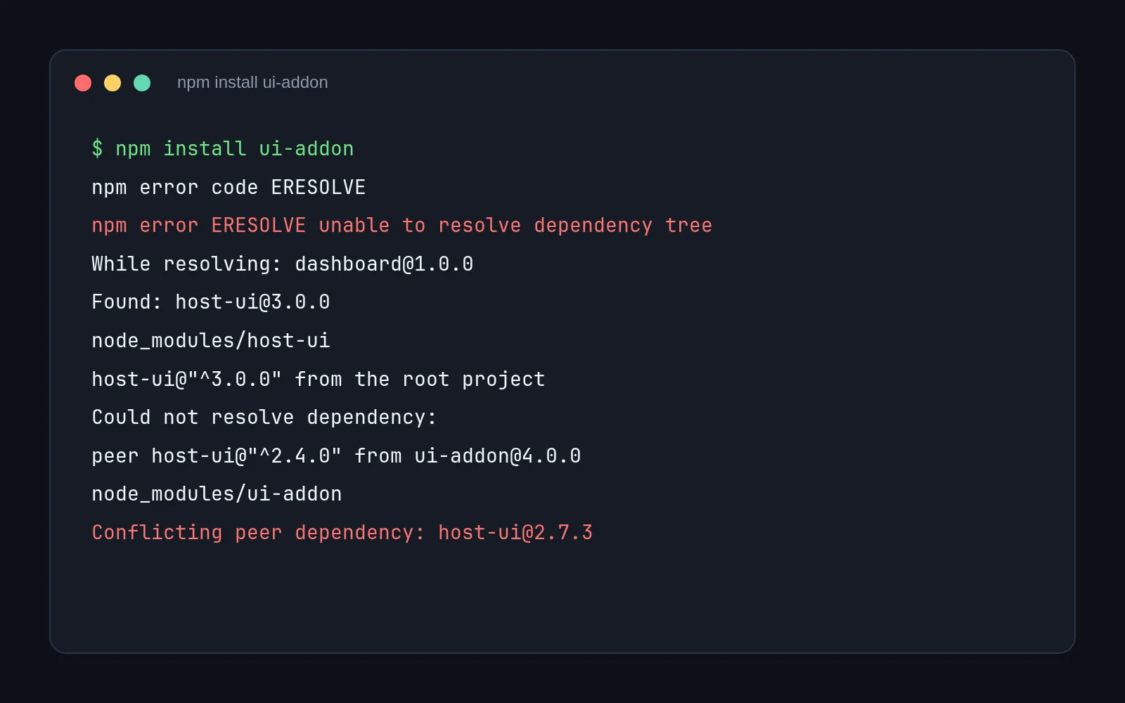 Terminal mostrando o erro ERESOLVE durante a instalação de ui-addon, com o conflito entre host-ui 3.0.0 e a peer dependency ^2.4.0.