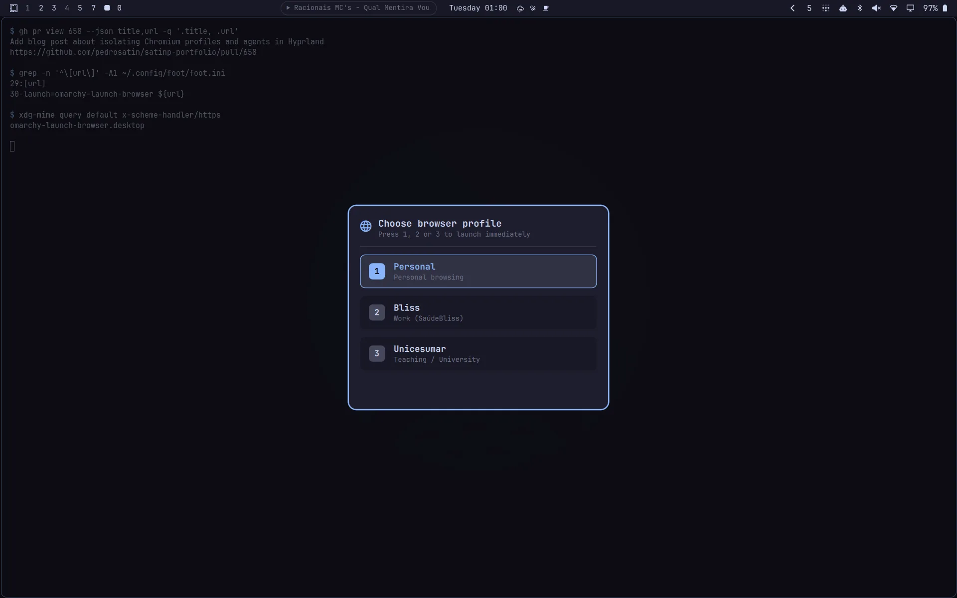 Seletor "Choose browser profile" aberto por cima do terminal, com as opções 1 Personal, 2 Bliss e 3 Unicesumar.